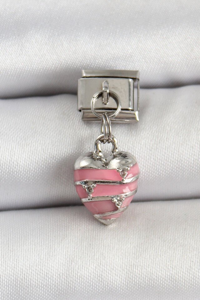 316L Çelik Gümüş Renk Pembe Kalp Model Nomination Charm