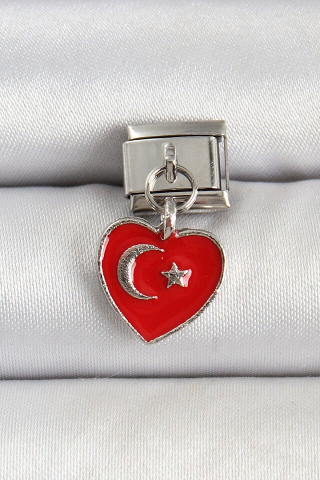 316L Çelik Gümüş Renk Kalp Türk Bayrağı Model Nomination Charm