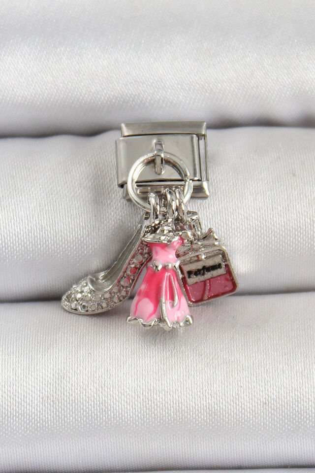 316L Çelik Gümüş Renk Pembe Elbise Kombini Model Nomination Charm