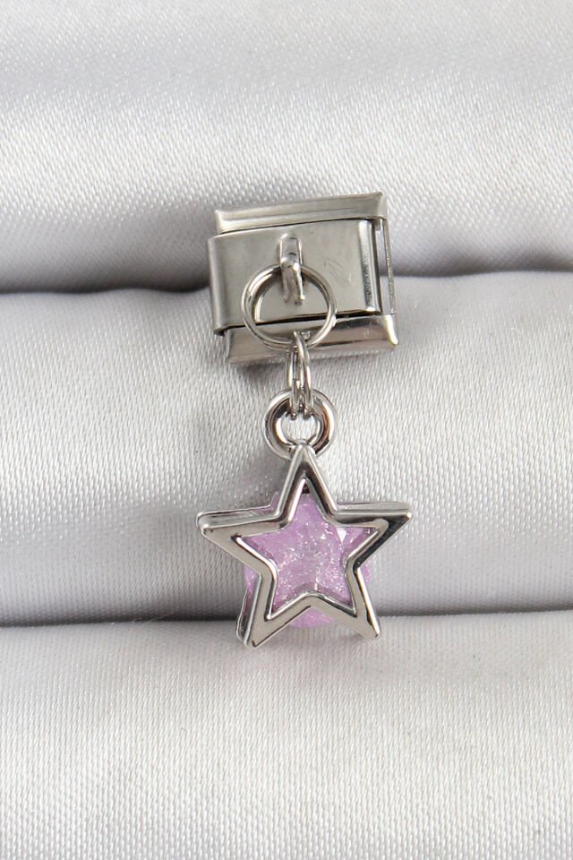 316L Çelik Gümüş Renk Pembe Taşlı Yıldız Model Nomination Charm