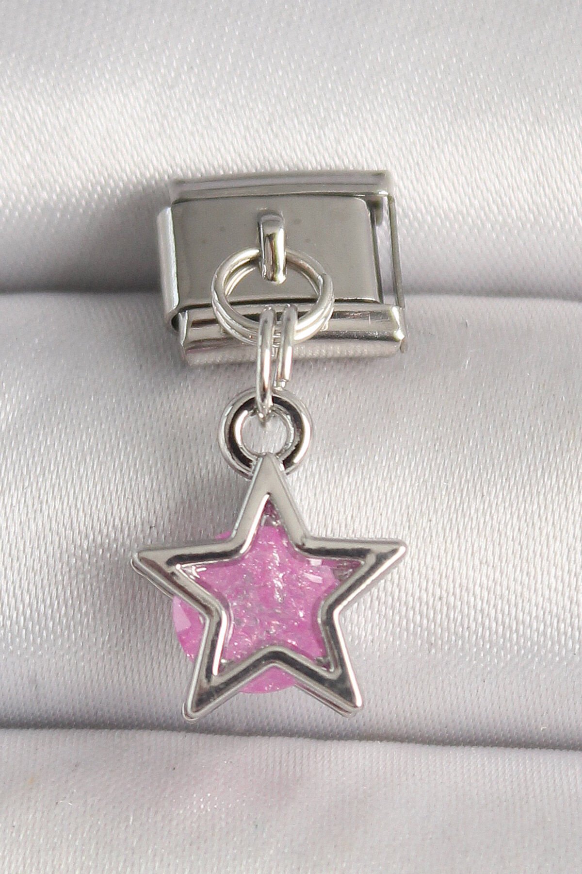 316L Çelik Gümüş Renk Pembe Zirkon Taşlı Yıldız Model Nomination Charm