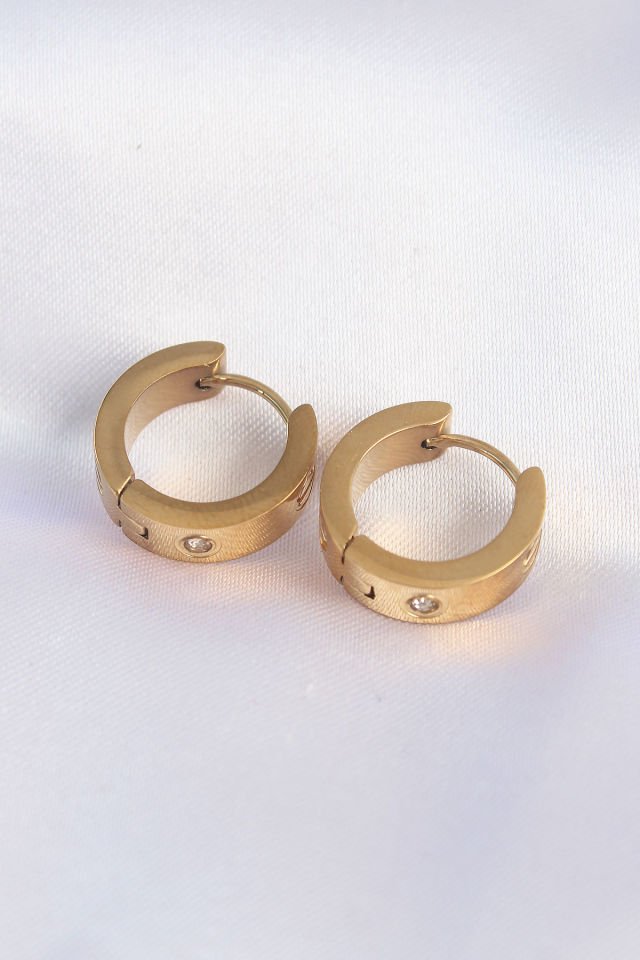 316L Çelik Gold Renk Zirkon Taşlı Minimal Model Halka Küpe