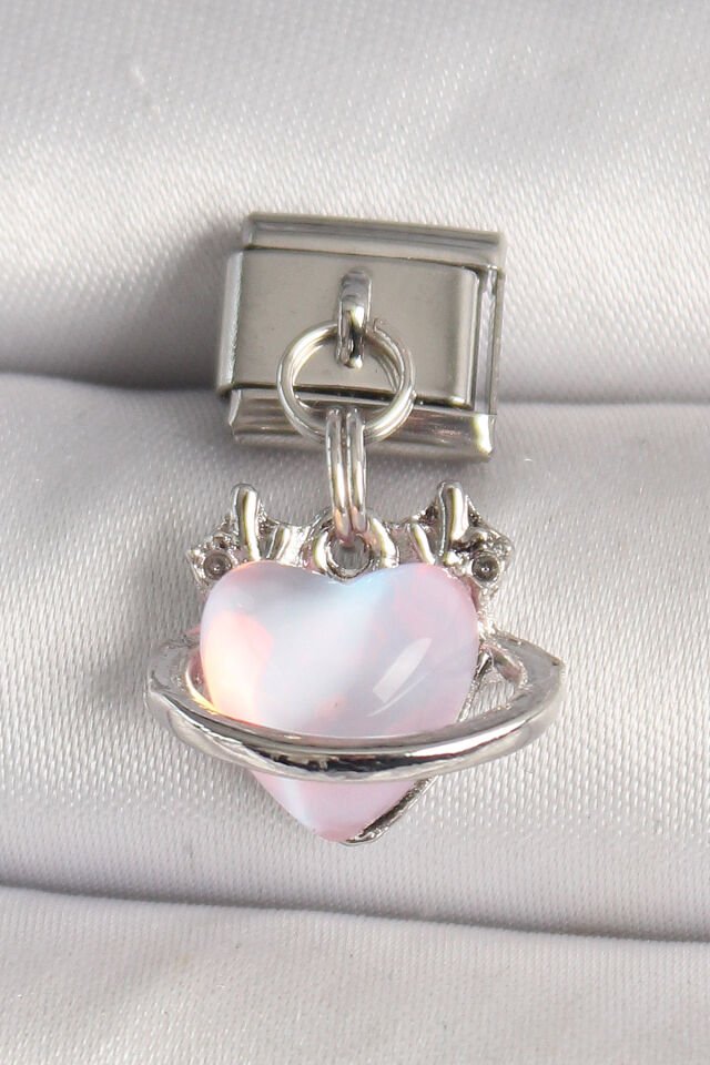 316l Çelik Gümüş Renk Pembe Mineli Kalp Model Nomination Charm
