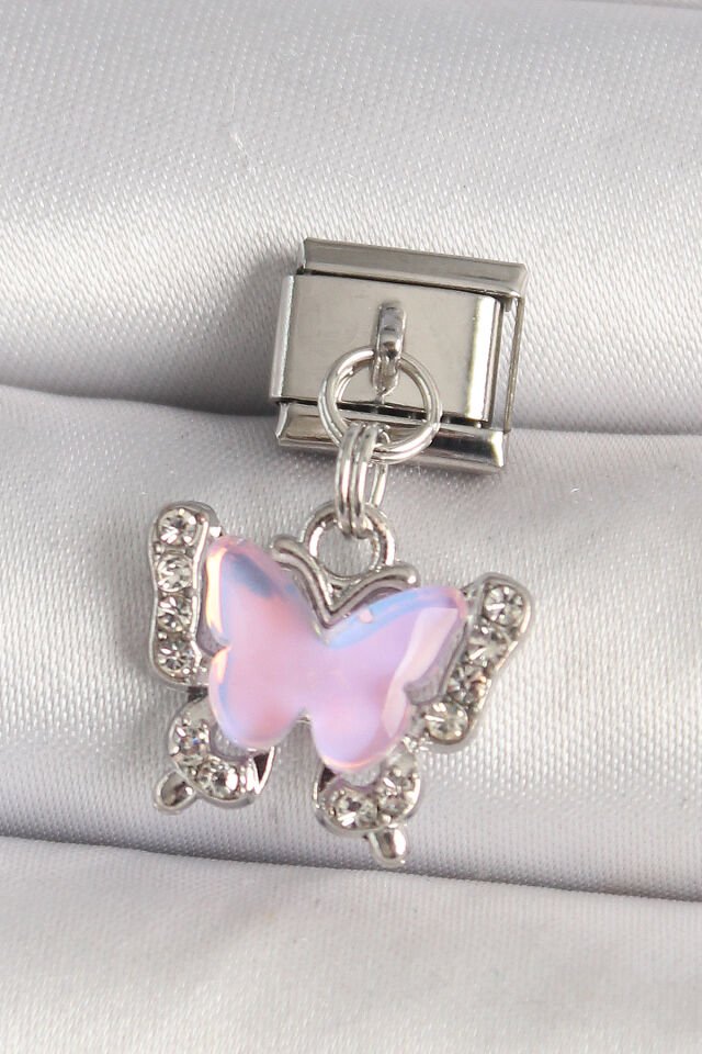 316L Çelik Gümüş Renk Zirkon Taşlı Pembe Kelebek Model Nomination Charm