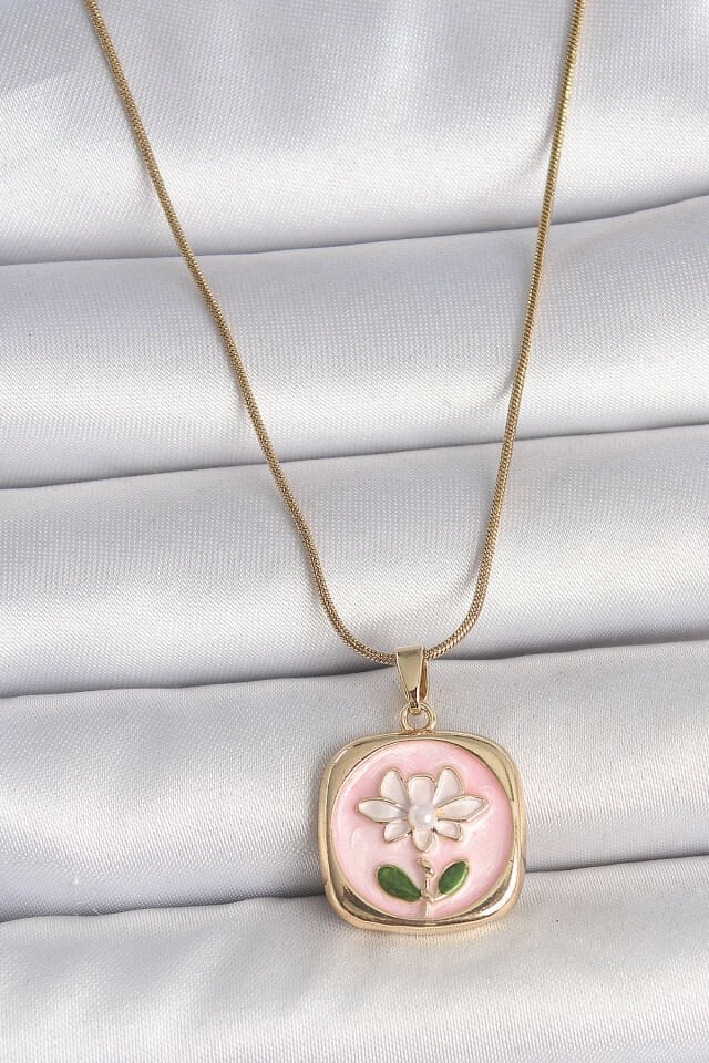 316L Çelik Gold Renk Zincir Pembe Papatya İşlemeli İnci Detay Kadın Kolye