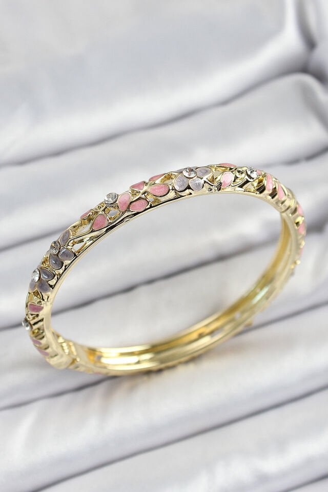Mineli Pirinç Gold Renk Pembe Çiçek Motifli Kadın Kelepçe