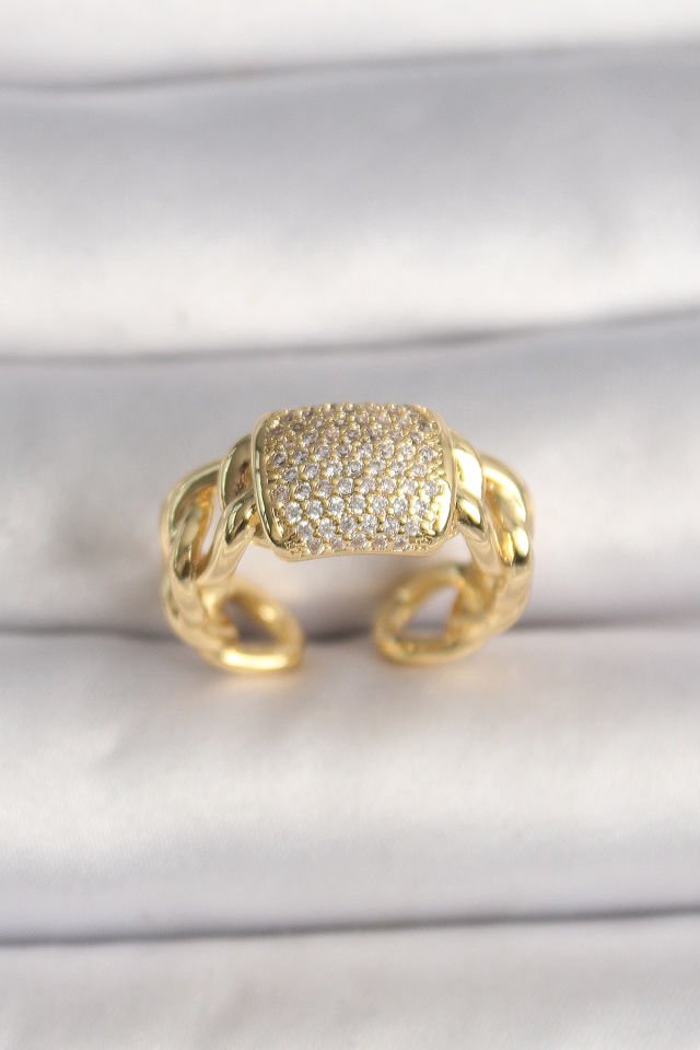 Pirinç Gold Renk Ayarlanabilir Zirkon Taşlı Kadın Yüzük