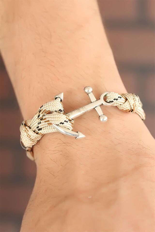 Desenli Krem Metal Çapalı Erkek Bileklik