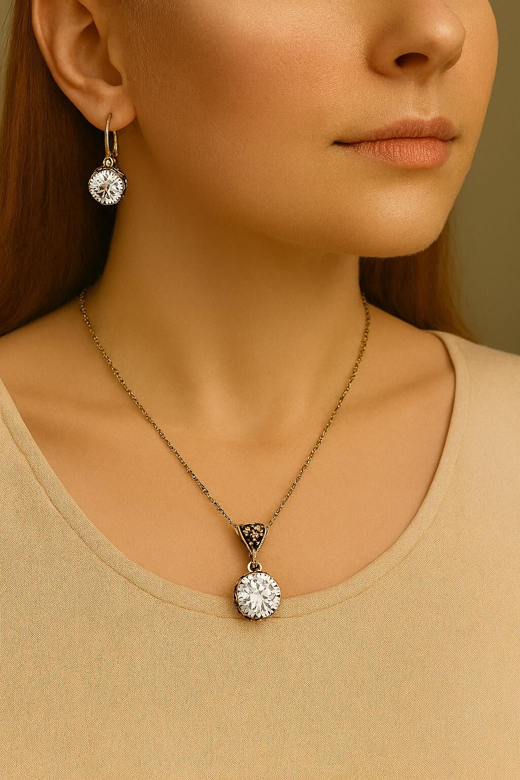 Bronz Beyaz Zirkon Taş Kolye Küpe Set