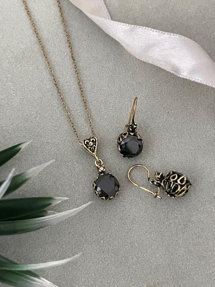 Bronz Siyah Zirkon Taş Kolye Küpe Set