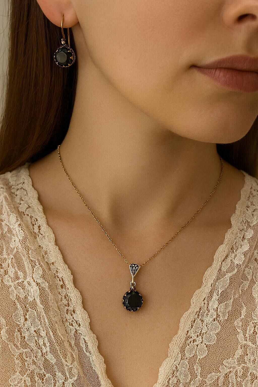 Bronz Siyah Zirkon Taş Kolye Küpe Set