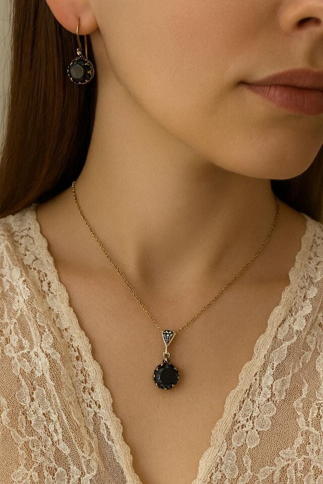 Bronz Siyah Zirkon Taş Kolye Küpe Set
