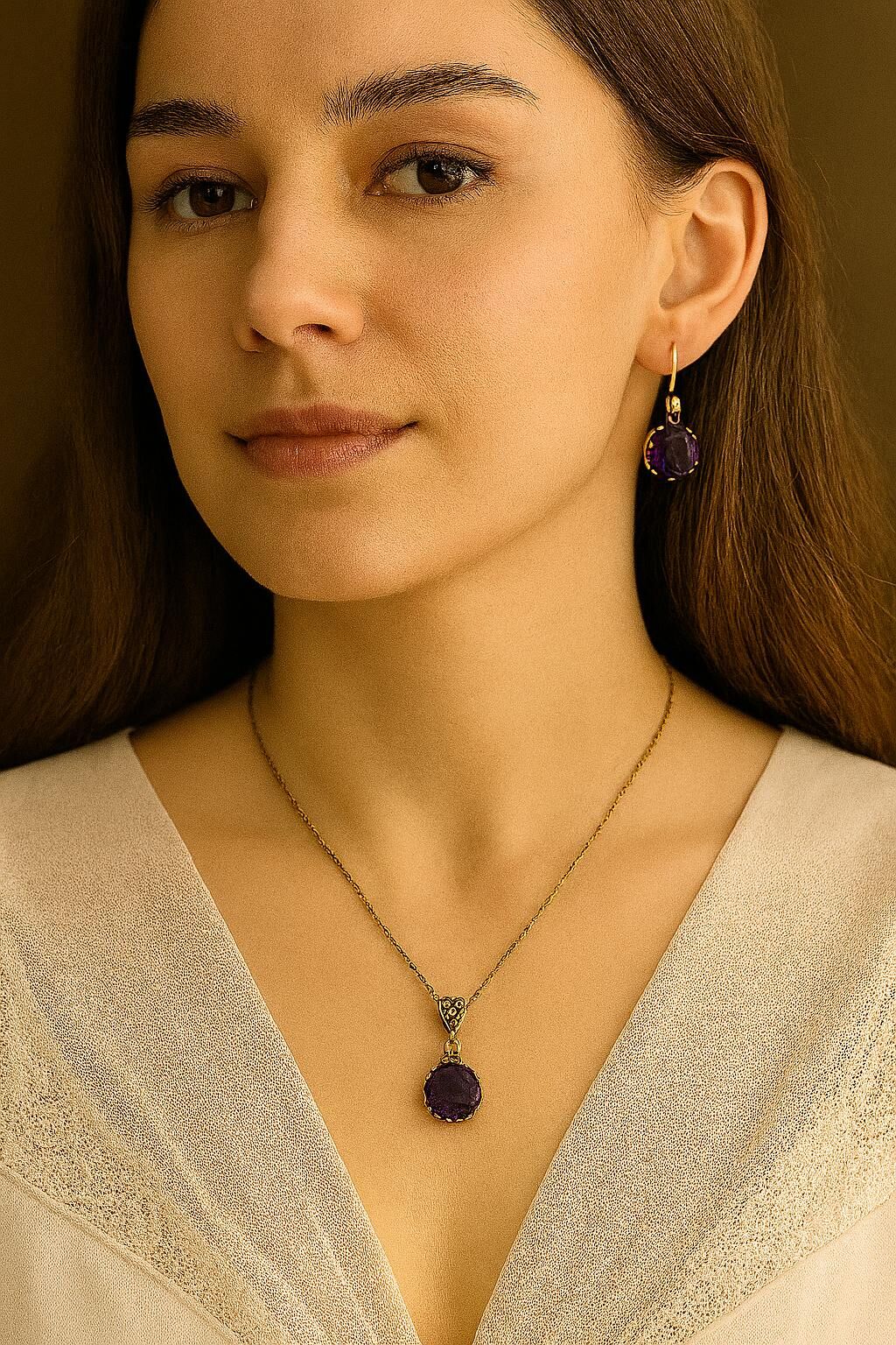 Bronz Mor Zirkon Taş Kolye Küpe Set