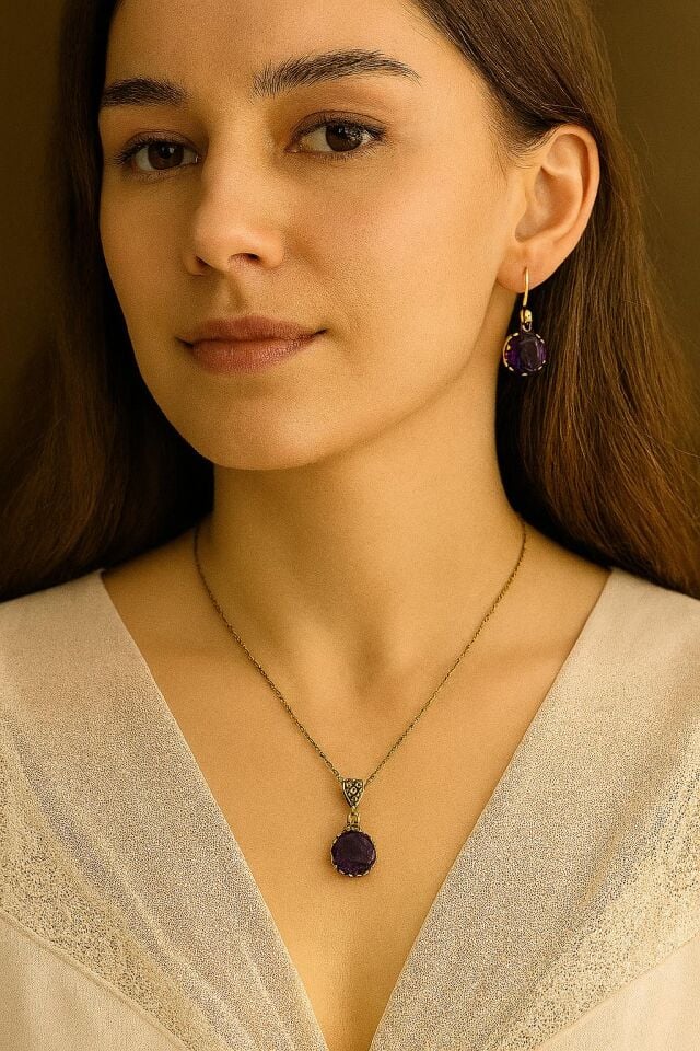 Bronz Mor Zirkon Taş Kolye Küpe Set
