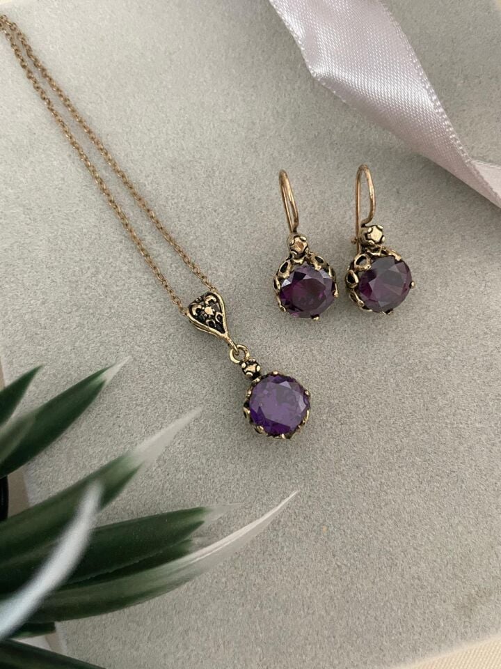 Bronz Mor Zirkon Taş Kolye Küpe Set