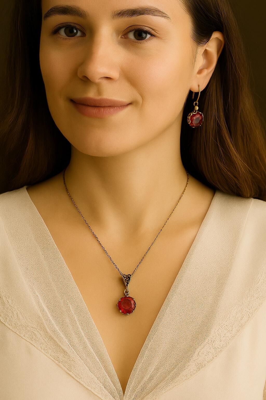 Bronz Kırmızı Zirkon Taş Kolye Küpe Set
