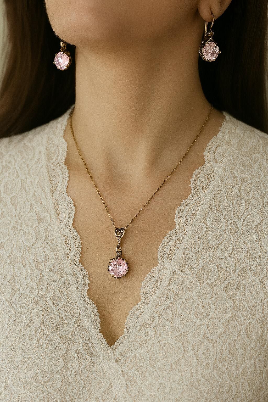 Bronz Pembe Zirkon Taş Kolye Küpe Set