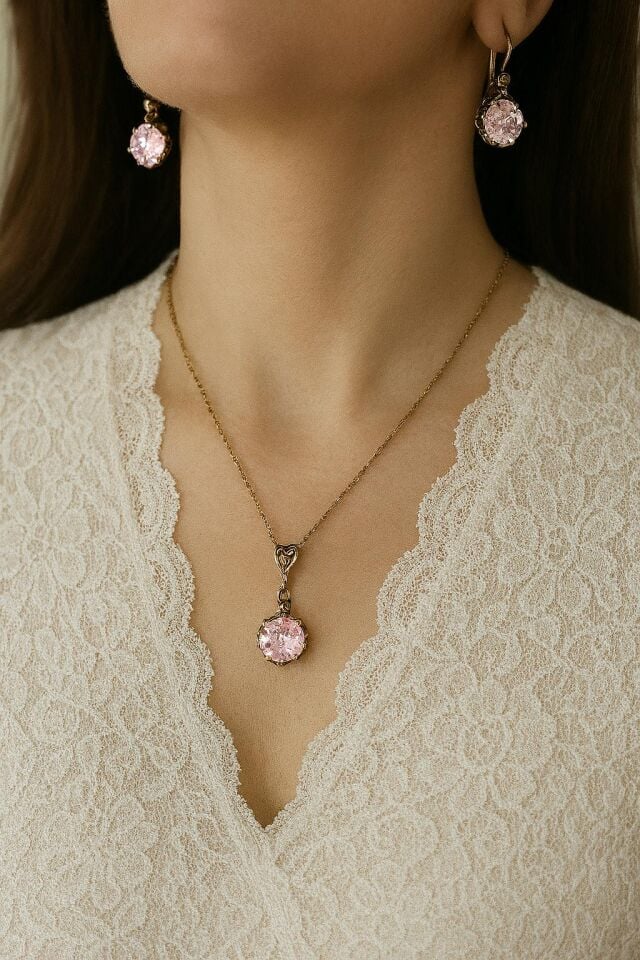 Bronz Pembe Zirkon Taş Kolye Küpe Set