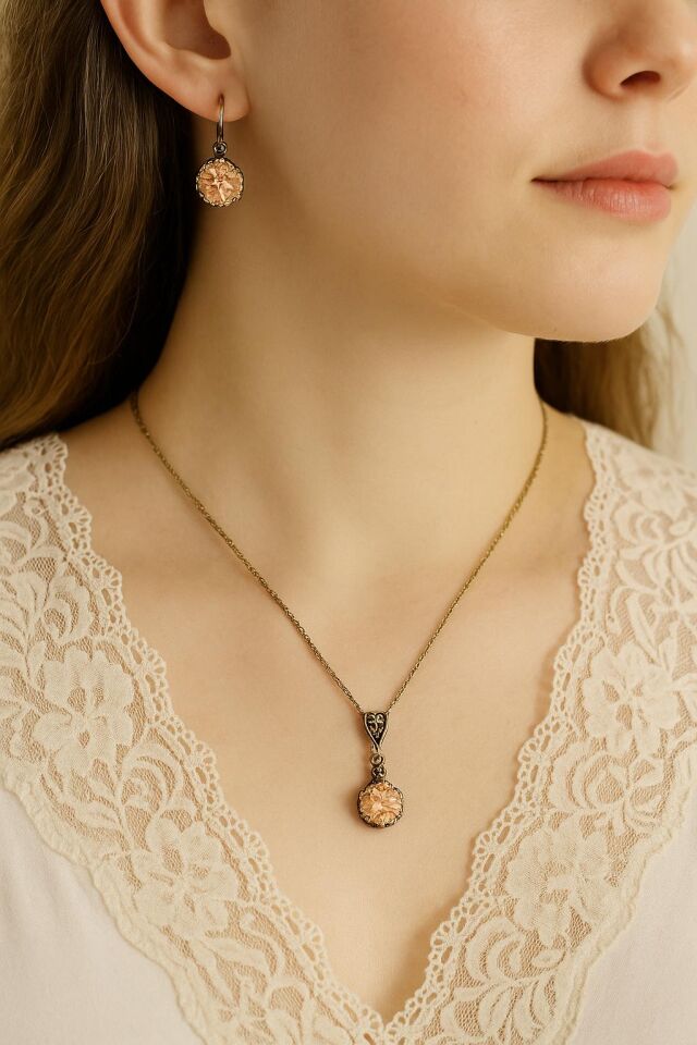 Bronz Şampanya Zirkon Taş Kolye Küpe Set