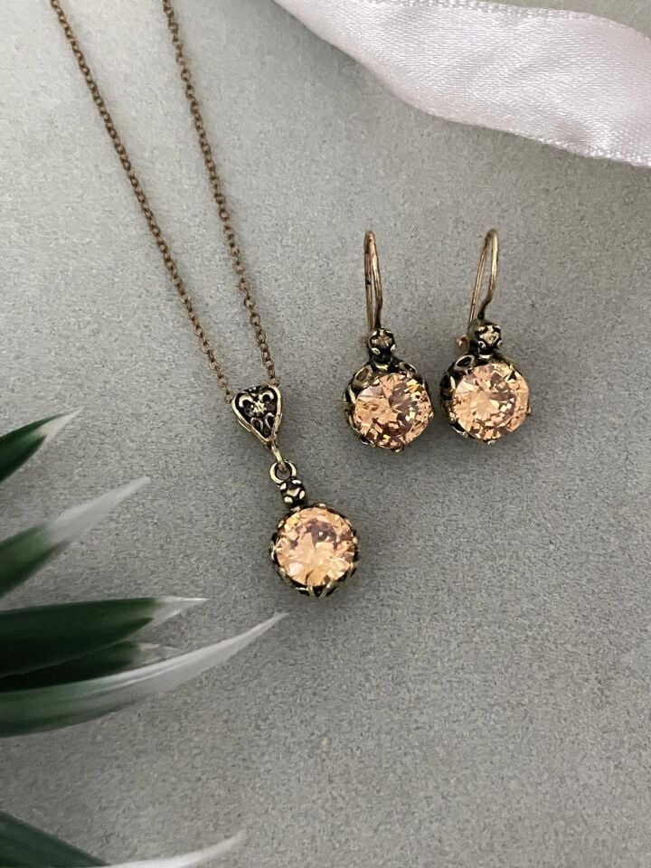 Bronz Şampanya Zirkon Taş Kolye Küpe Set