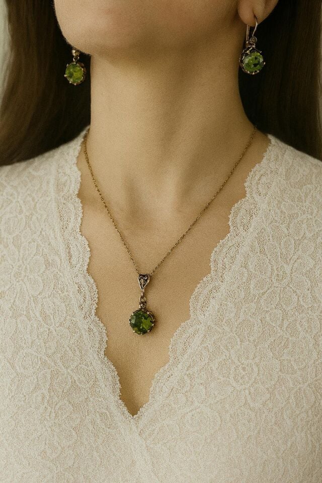 Bronz Yeşil Zirkon Taş Kolye Küpe Set