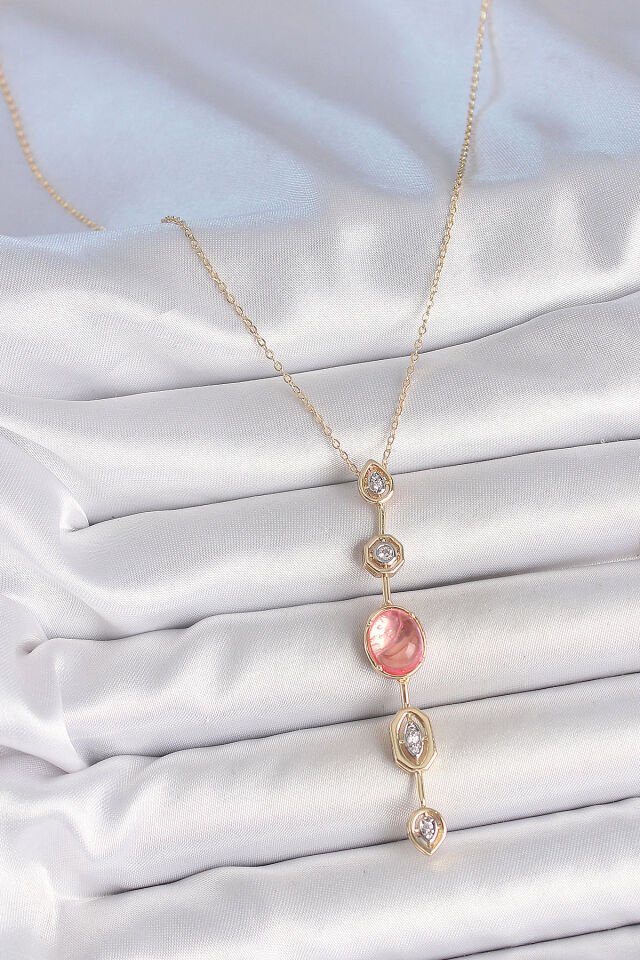 Pirinç Zincir Pembe Gold Renk Zirkon Taşlı Y Kolye