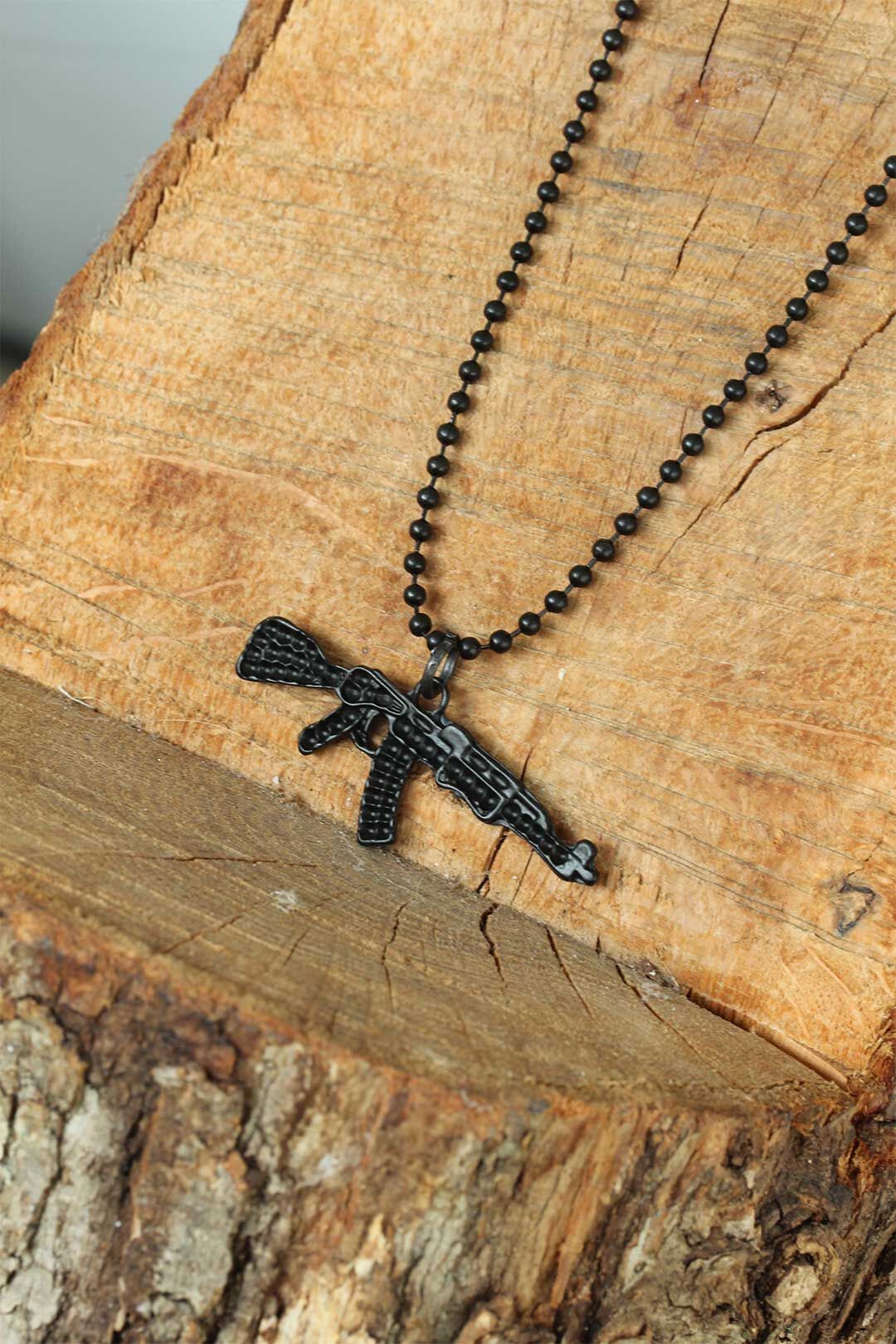 Krom Kaplama Siyah Renk Metal Tüfek Kafası Tasarım Erkek Kolye