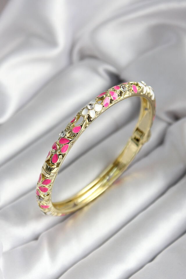 Mineli Pirinç Pembe Çiçek Desenli Gold Renk Kadın Kelepçe