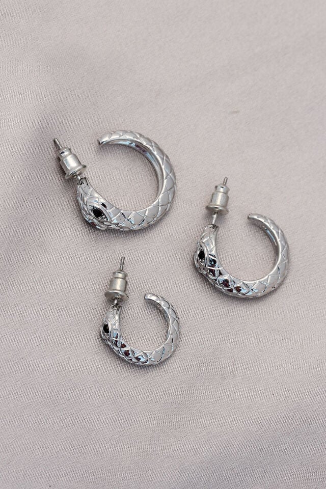 Yılan Tasarımlı Halka Model Gümüş Metal Küpe Seti