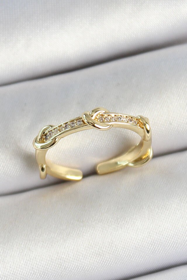 Pirinç Düğüm Figürlü Zirkon Taşlı Gold Renk Ayarlanabilir Kadın Yüzük