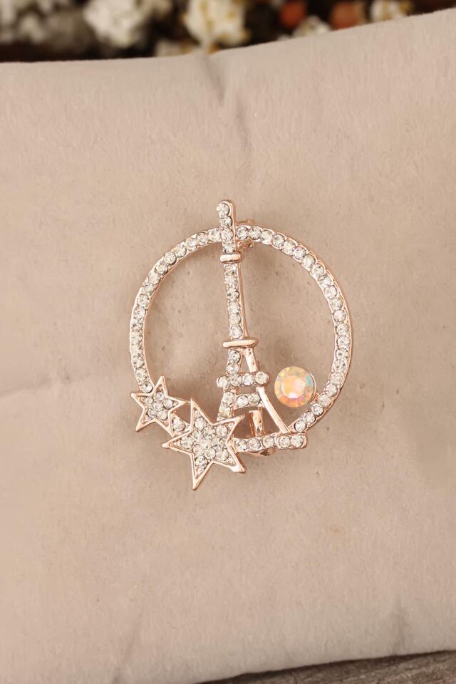 Zirkon Taşlı Paris Kulesi Figürlü Broş