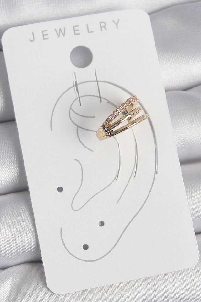 Pirinç Gold Renk Zirkon Taşlı 3'Lü Sıralı Model Kadın Kıkırdak Küpe