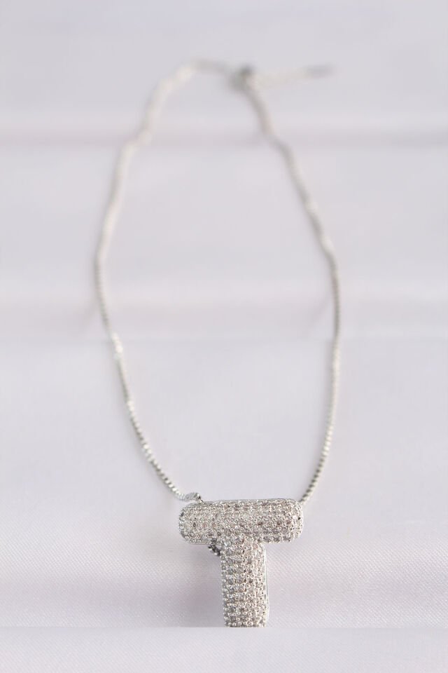 316L Çelik Zincirli Zirkon Taşlı T Harfli Silver Renk Bubble Kolye