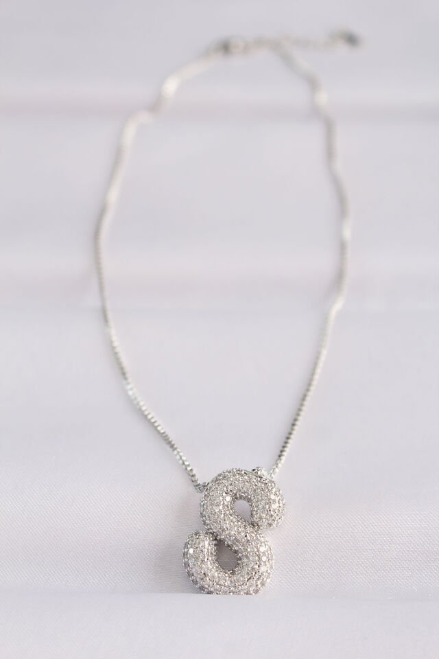 316L Çelik Zincirli Zirkon Taşlı S Harfli Silver Renk Bubble Kolye
