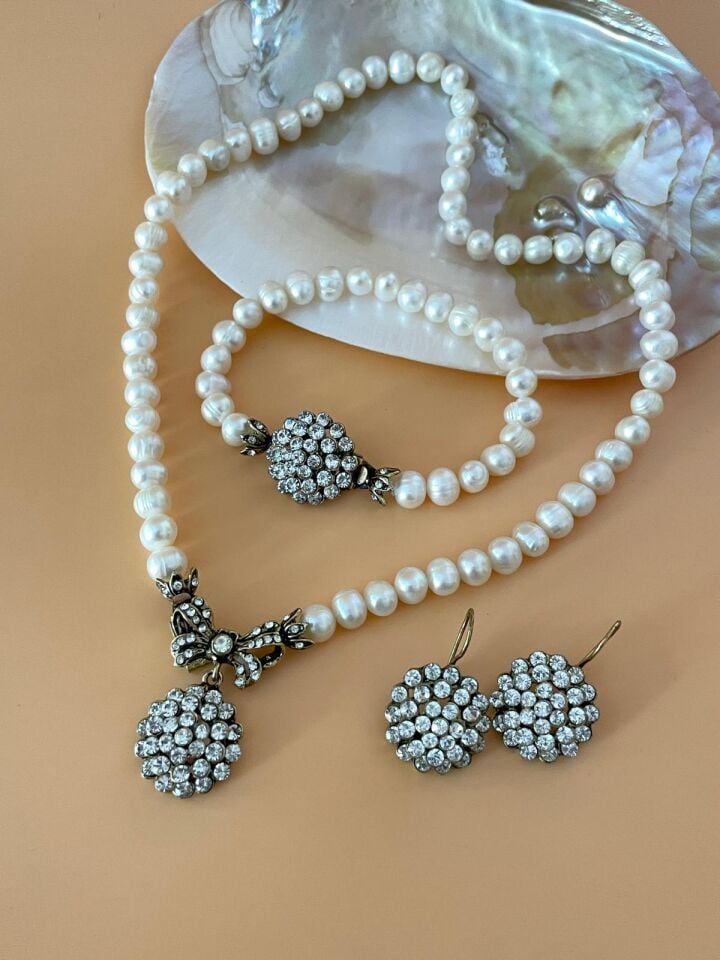 Ayzen Vintage Işıltı Model Taşlı İnci Set 45cm