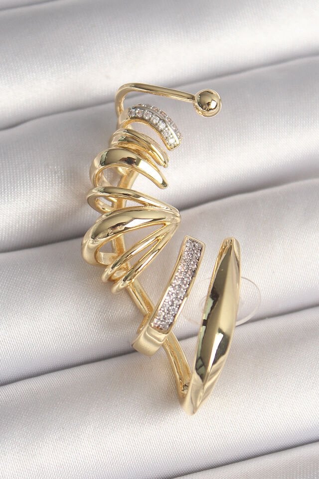 Pirinç Gold Renk Zirkon Taşlı Kıkırdak Küpe