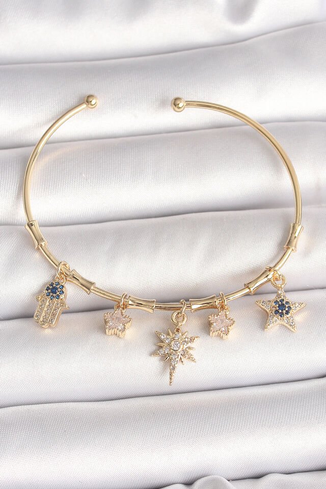 Pirinç Gold Renk Sallantı Zirkon Taşlı Kutup Yıldız Model Charm Model Kadın Bileklik