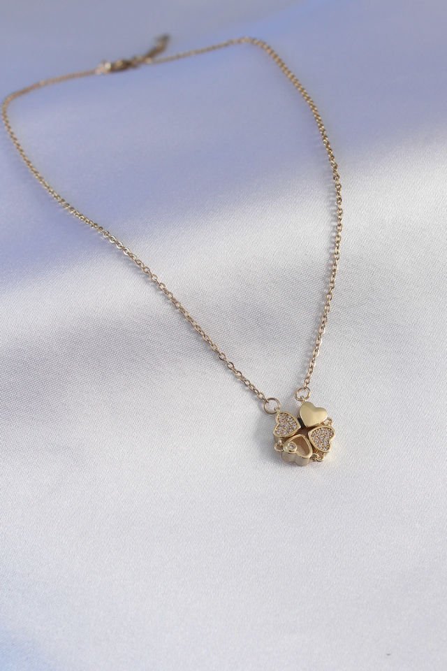 316L Çelik Gold Renk Açılır Yonca Model Zirkon Taşlı Kadın Kolye