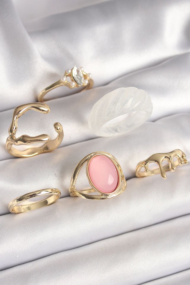 Pirinç Gold Renk Zirkonlı Oval Pembe Mineli 6'Lı Kadın Yüzük Seti