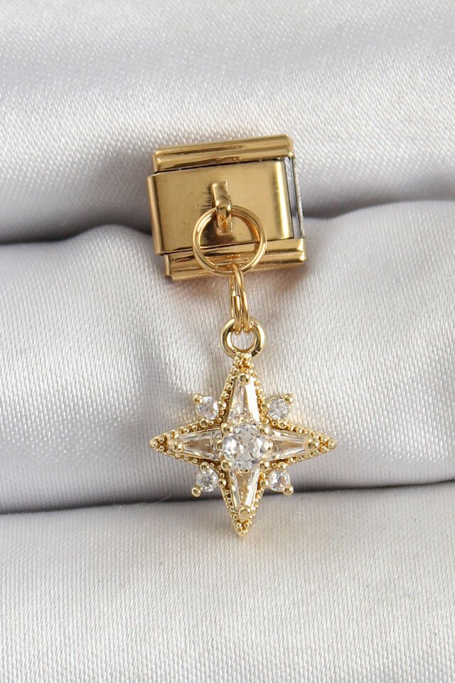 316L Çelik Sallantılı Zirkon Taşlı Kutup Yıldızı Model Gold Renk Nomination Charm
