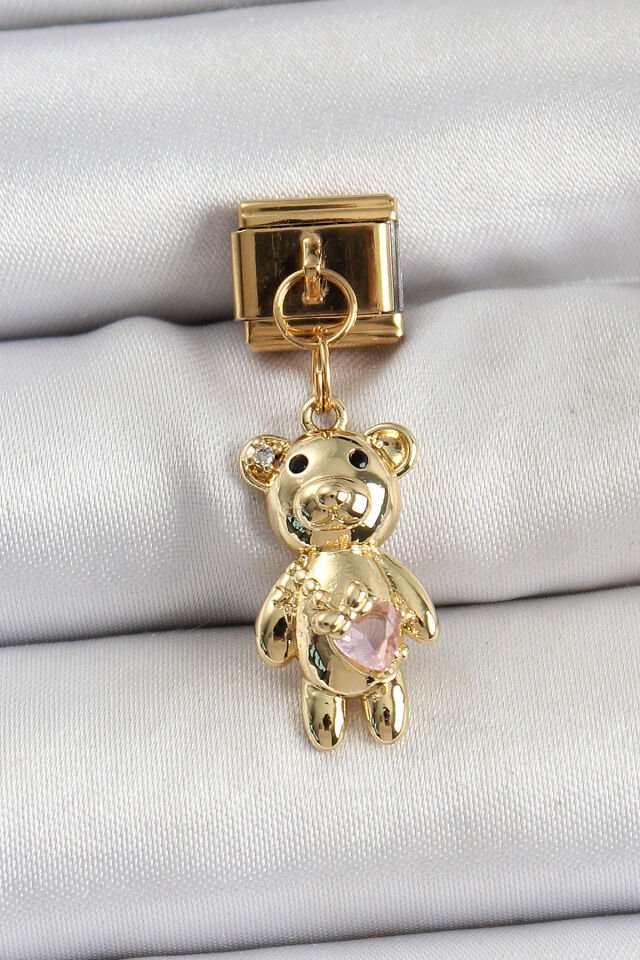 316L Çelik Sallantılı Zirkon Taşlı Ayıcık Model Gold Renk Nomination Charm