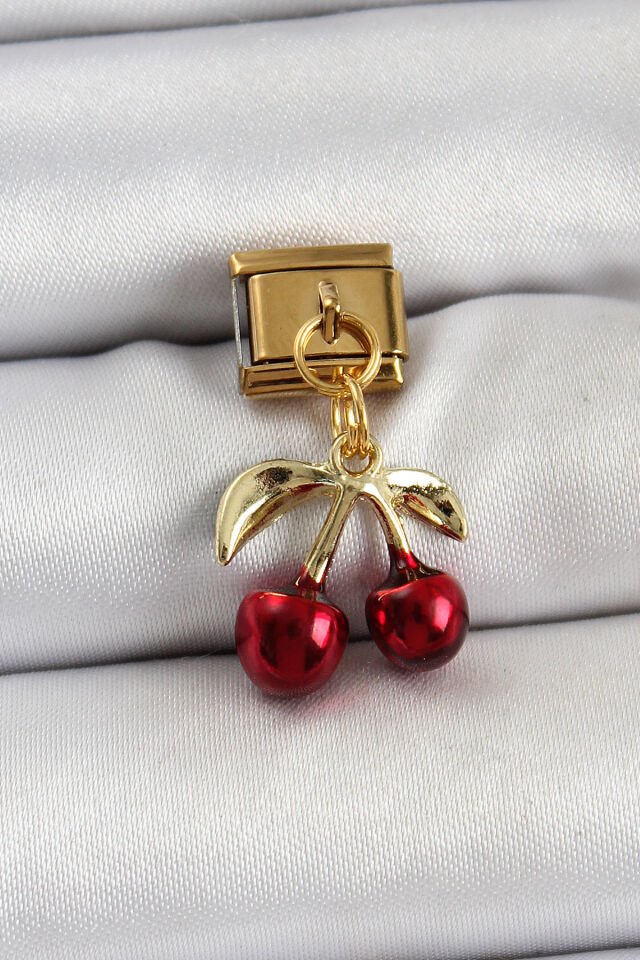 316L Çelik Sallantılı Kırmızı Kiraz Model Gold Renk Nomination Charm
