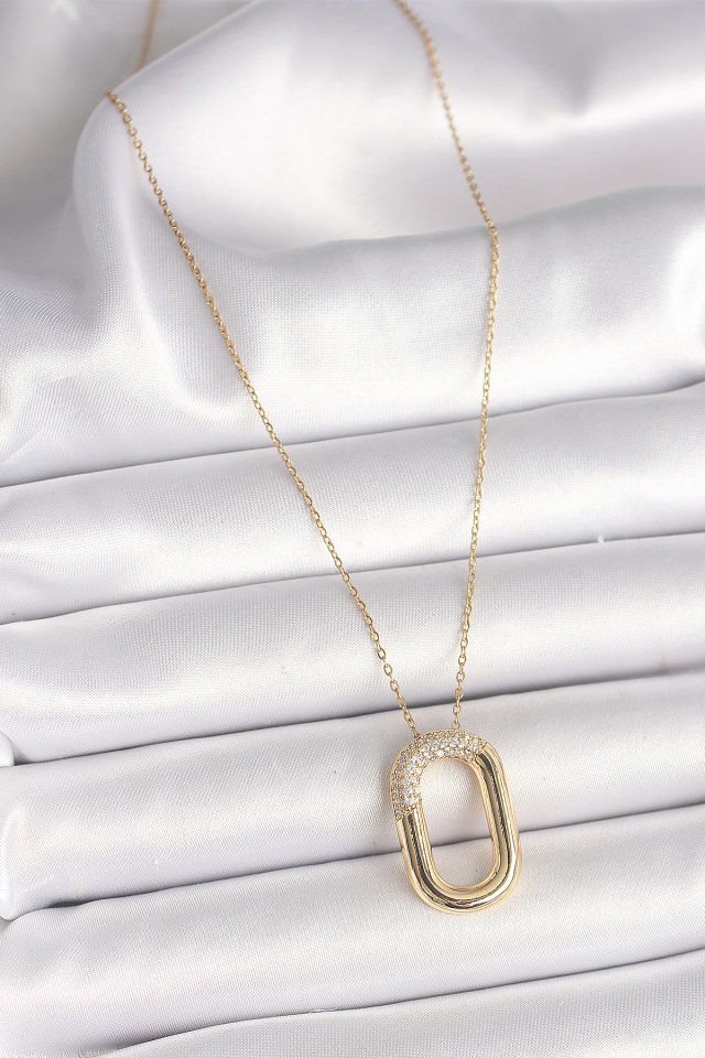 316L Çelik Gold Renk Zirkon Taşlı Oval Model Kadın Kolye