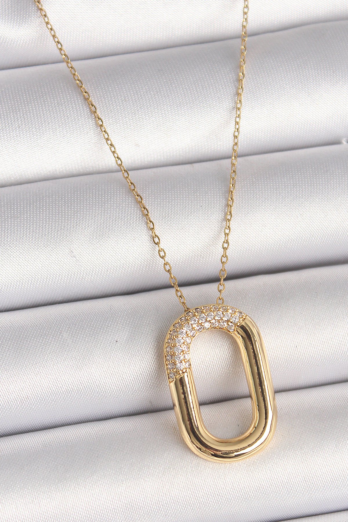 316L Çelik Gold Renk Zirkon Taşlı Oval Model Kadın Kolye